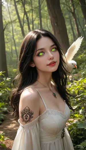 A tall female entity from Picture 1, with shifting pale skin that cracks to reveal a deep black layer, long white hair with black inner strands, white feathered head-wings, black sclera with glowing white eyes, black lips curved into a curious smile revealing sharp fangs, and a long white-scaled tail behind her. She floats in the air, leaning in close to the user. Facing her is a 26-year-old witch from Picture 2, with long black hair, striking green eyes, porcelain white skin adorned with mystical black tattoos, and an elegant dark outfit. She is levitating to match the height of the entity, looking into her glowing eyes with a calm, confident expression, her neck and shoulders visible as she floats in the air.

The two women are suspended in the air within a dense, ancient forest clearing, ancient trees twisting around them in the background. The entity's long tail coils gracefully in the air behind her, while the witch's posture is poised and controlled, her body language radiating power and composure. The scene is captured in a photorealistic, cinematic style with intricate details and complex rendering.

Ambient, indirect light filters through the dense forest canopy, casting soft highlights on their skin and creating a sense of ethereal mystery. The camera framing is a medium close-up, focusing on the intense, curious interaction between the two powerful figures at eye level. Photorealistic drawing, 32K resolution, supreme render, octane-engine, ambient occlusion, detailed skin textures, perfect contrast, cinematic lighting, focused, realistic, complex render, cinematic atmosphere.