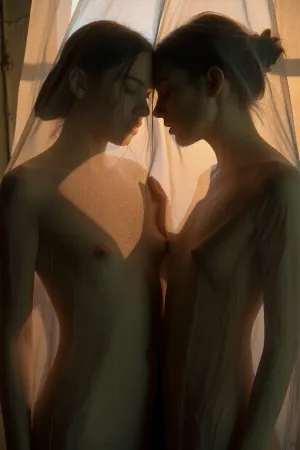 Fine art cinematic photography, Francesca Woodman aesthetic, extreme soft focus, heavy analog grain, Kodak Portra 800 pushed two stops, warm amber and deep shadow, the blur the primary mood of the image.

Two very yyoung woman behind a sheer curtain, her form entirely dissolved through the gauze, dark hair loosely pinned, the curtain between the viewer and the figure absolute, she exists as suggestion rather than subject.

A soft golden backlight through the curtain, the light through the sheer fabric in warm amber and gold, the curtain catching and diffusing the light into something molten, deep shadow at the edges consuming the frame. A rustic window barely visible behind sheer curtains. Extreme soft focus throughout, nothing sharp anywhere in the frame, the woman dissolved into light and gauze and grain, warm amber and deep green shadow, intimate and voyeuristic, glimpsed not seen, the curtain keeping its secret.