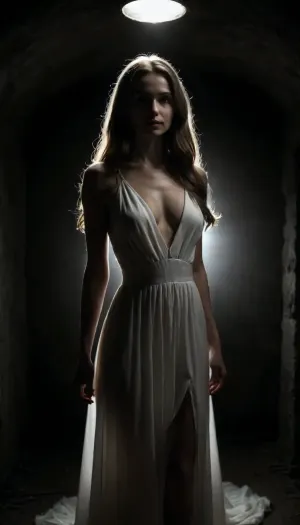 extremely sexy petite ukrainian cutie in a luminous glowing white dress, cute, sexy, smiling, petite, slim, slender, big perky breasts, long hair, necklace, WW2 shelter, bunker, dark, (white glowing dress:1.4), <lora:dark:.3>, angelicism, <lora:angelicism:.8>