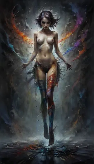 windblown hair, nude, shaved pussy, free-standing colorful striped stockings, wet-on-wet ink painting image, dreamlike background, gothic, dull colors, cool colors, subatomic, NightScapes, drkms, <lora:Subatomic:.7>, <lora:NightScapes_XL14:.9>, <lora:DarkGrimFantasyXL-000004:.7>, <lora:InkWashpainting:1.3>