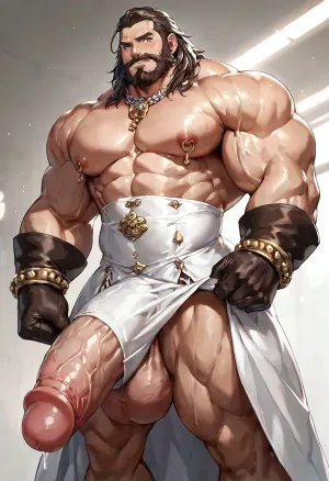 very muscular and tall 2man, 26 years old, very tall bodybuilder-brides, both men are clad in white weddingdresses lifting their skirts, and show their very large penises, (hyper shoulders), (mammoth cocks)