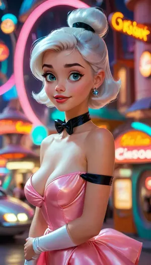 Sexy 20-year-old Judy Jetson in the retro-futuristic town of Orbit City from The Jetsons, very large breasts, semitransparent pink dress, cleavage, completely white hair, hair up in ponytail with black ribbon, innocent smile, bare hands, full body, <lora:MJ52:.8>, <lora:Animated_Concept:1>