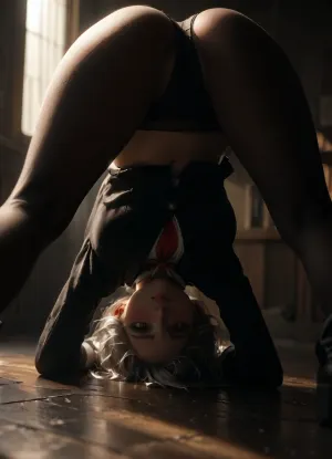 adult girl with long silver hair and red eyes performing the Jack-O challenge pose. She is leaning forward with her head down near the floor, looking back at the camera upside down with a blush. Her hips are high in the air, legs straight. She is wearing a Japanese uniform, a black blazer, red tie, and a grey pleated skirt that has fallen forward due to gravity, revealing black panties over sheer black pantyhose. Bright lighting, dynamic angle from behind, highly detailed., futuristic-fantasy-anime, <lora:futureistic_fantasy_anime_sdxl_v1:.4>, <lora:attractive_notrigger:.2>, <lora:dark:.2>, <lora:MJ52:.2>, <lora:pixel-art-xl-v1.1:2>