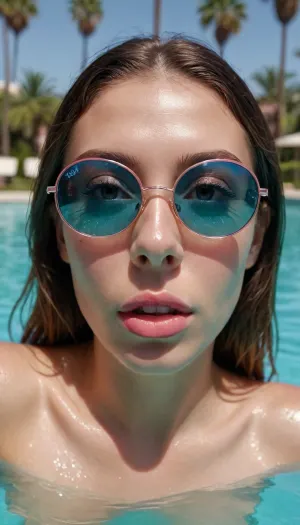 5000000010.41, Ultra-detailed close-up portrait of a young woman half-submerged in a turquoise pool, oversized patterned sunglasses with pink-tinted reflective lenses, detailed reflection, showing a luxury resort, palm trees and poolside buildings, wet lips slightly parted, slicked-back wet hair, warm golden-hour sunlight and subtle sun flare, realistic water reflections and ripples, cinematic shallow depth of field, glossy skin, natural makeup, photorealistic, 8k, octane render, fashionable, stylish
