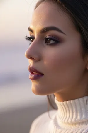 An intimate tight closeup portrait of a sultry Latina woman with an ethereal, soft-focus aesthetic, defined by diffused light. She wears a luxurious white turtleneck sweater.

Long feathery eyelashes with thick winged eyeliner frame her soft brown eyes.
Her dark smokey eye shadow matches the rich purple hues of the deep sunset.
Her soft lips are a dark matte plum. She has high sharp elegant cheekbones and flawless radiant skin.

The scene is enveloped in a powerful but diffused golden-hour glow which creates a luminous light bloom on her skin, dissolving sharp edges in an ethereal haze. The background is a very blurred, dreamlike pastoral pastel lavender-gray coastal sky, soft and bright. Soft focus on her eyes.
The overall mood is an serene contemplation. Shallow depth of field, subtle film grain, light leaks, vintage analog lens. This is a high-key photograph.
The subject is anchored to the right side of the image, using the rule-of-thirds compositional technique.
The image captures extreme realistic details including sharp limbal rings and fine vellus hairs.