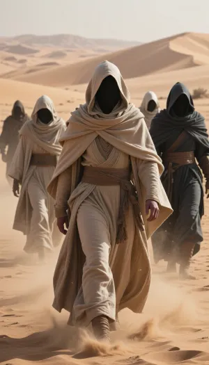cinematic shot of a group of mysterious figures walking through a vast desert, inspired by the aesthetic of Dune, hooded cloaks, heavy fabric draping, face-concealing hoods, faceless, sand-dusted textured robes in shades of beige, sand, and dark charcoal grey, hazy atmosphere, swirling dust particles, desert landscape, soft diffused sunlight, desert planet, ethereal and epic scale, high detail, sharp focus, cinematic lighting, dramatic shadows, wide angle, desert dunes in background, 8k, photorealistic, intricate textures, masterpiece, moody, atmospheric.