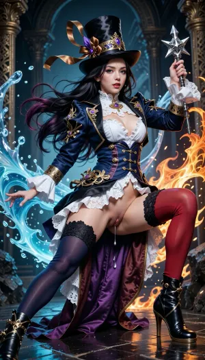 ((hyper gaping pussy, hyper gaping vagina, maigre, musclé, seins visibles, pussy visibles, big clitoris visibles, seins nus, HDR pussy, hyper spread pussy, doing standing gymnastics, hyper pussy juice dripping)), A photorealistic adult Japanese woman in her mid-20s, wearing an elegant white bridal-inspired lace outfit, sitting in a deep graceful Ultra photorealistic, hyper realistic, live-action fantasy movie still, full-body photograph of a beautiful adult Japanese fantasy magician.

Long flowing black hair with burgundy-purple highlights, voluminous wind-swept hair, detailed individual strands. Classic elegant black silk top hat, tall straight cylindrical crown, flat top, wide horizontal brim, black and dark-navy satin texture, gold trim, ornate gold and purple decorations, luxurious brown-gold ribbons and curved ornaments flowing behind, clearly recognizable traditional silk top hat.

Beautiful realistic Japanese adult woman, natural facial proportions, detailed blue and reddish eyes with natural reflections, dark eyeliner, red eye makeup, subtle blush, glossy lips, realistic skin pores and texture, confident expression.

Intricate navy-blue and black fantasy costume, fitted jacket with elaborate gold embroidery, metallic ornaments, straps and buckles, white ruffled blouse and large frilled collar, fitted waist, dark purple and burgundy layered skirt, flowing fabric panels, white lace and ruffles, realistic leather, velvet, satin and metal textures.

Dynamic full-body action pose, legs spread widely in a dramatic diagonal stance, one leg extended toward the lower left and the other toward the lower right, knees bent, body and hips dynamically twisted. One arm raised holding an ornate fantasy weapon with a silver star ornament and white ruffles, opposite arm extended outward, natural hands and realistic anatomy.

Mismatched thigh-high stockings, one deep navy blue and one vivid crimson red, realistic fabric texture, straps and folds. Ornate dark blue boots with gold decorations, straps, buckles and high heels, polished leather.

Enormous elemental magic surrounding her, brilliant cyan-blue water, ice and frost sweeping through the air on one side like flowing ribbons, translucent crystals, sparkling droplets and magical particles, intense orange-red and golden flames spiraling around the opposite side, realistic volumetric fire, sparks and embers. Blue and orange elemental powers intertwining dramatically.

Dark underground crystal cavern, gigantic glowing turquoise crystals, twisted roots, vivid magenta and purple crystals near the ground, reflective wet floor, colorful reflections, atmospheric mist and floating particles.

Cinematic blue and orange lighting, realistic rim lighting, volumetric rays, HDR, dramatic shadows, professional full-frame photography, 35mm lens, sharp focus, natural perspective, dynamic frozen motion, extremely detailed, 8K, photorealistic, real human, realistic materials, high-end live-action fantasy film aesthetic.