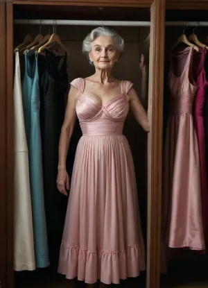 clothing room with plenty of majestic victorian-style hoopdresses, (extremely detailed background), (knee-length wavy pleated simple hyper-minimalist modern elegant ultra-arousing whole-sheer transcluent swaying color summer satin dress), (extremely detailed dress), (extremely aged extremely elderly 90-year-old grandma), (insanely saggy overused matte thirsty wrinkled skin), (gigantic breasts), slim, thin, skinny, (extremely tempting erotica), face close-up