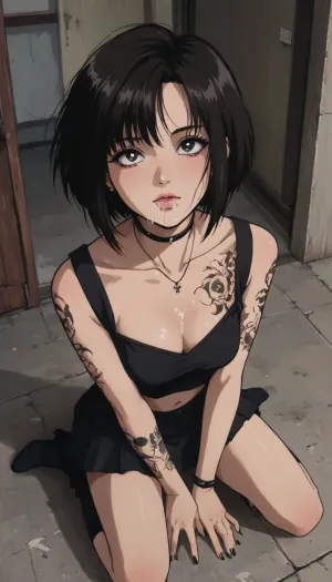 Markgavatino style, (retro anime:1.8), masterpiece, ((creamboyo sensei art style:1.7), (kittew art style:1.3)), sexy emo woman, lots of tattoos, lots of piercings, dark hair, asymmetric bob cut, pale skin, scene outfit, short skirt, emo hair, large lips, cum leaking from mouth, cum dripping from chin, cum stained top, full body view, kneeling beneath you, looking up at you, view from above, <lora:outline_xl_kohaku_delta_spv5x:1.1>, <lora:EnvyBeautyXL02:.4>, <lora:mk_Bp Anime_xl:1>, <lora:NEOTOKIOXL_0.2_RC:2>
