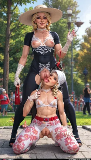 (Zoom on 3/4 body view:1.4), (2women:1.6), (different ages:2), (different weight:1.5), (kneeling mom licking stepdaughter's vagina from behind, cunnilingus:1.5), (old mature Mom and skinny petite young little Stepdaughter posing together:1.6), perfect makeup, blonde pigtails, sunhat, (red belt:1.3), is at a busy and crowded living public park, standing, walking, (She is wearing white floral crotchless thick Lycra bodysuit:1.2), (perfect white lace gloves:1.4), white choker, (vintage white lace big cups cutout bra:1.2), (white floral pantyhose:1.3), (big labia cameltoe:1.6), (gaping vagina:1.3), (glossyshiny skin:1.5), (crotchless thick Lycra bodysuit:1.4), (big pierced big nipples big rings:1.4), (25 years old stepdaughter), (55 year old mom), (thin waist), (Mom have hyper massive saggy boobs:1.5), perfect 2 legs, perfect 2 hands, (perfect 5 fingers), (only one elegant bag:1.2), no angle, no gradient, longnips, face_refiner, t1ff5nyt5l0r, 1woman, cunnilingus, 2girls, girl, licking, pussy, <lora:longnipsxl:2>, <lora:LCMTurboMix_Euler_A_fix:.4>, <lora:detailed_notrigger:2>, <lora:Tiffany_Taylor:2>, <lora:Cunnilingus XL:2>