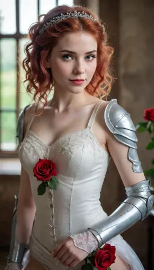 beautiful sexy slender young lady, hot sweaty pale white skin, kind soft, flirty eyes, flirty smirk smile, rough tangled rose hair, bridal armour, thigh