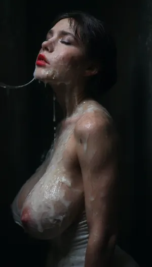 Sideview, (Cum details), realistic cum, Prominent cum, (white cum:1.9), cum on, (Cum flows:1.9), (cum on body:1.9), cum on hair, (cum on face:1.9), ((bukkake:1.9)), ((Clothes and body covered with semen)), white gorgeous woman, (big breasts:1.2), (milf:.7), excessive cum on clothes, red lipstick, short black bobcut hair, mouth closed, eyes closed, moaning, black room, black background, men, cum, on, face, Face covered in cum, cum dripping from penis, (A lot of cum:1.5), <lora:JustCum:2>, <lora:cum_in_eye_deepmind:2>, <lora:Midjourney Image Enhancer XL v1:2>, <lora:dark:.3>