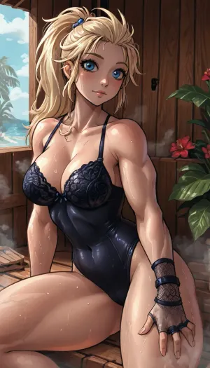 (innv meets jack cayless style), (reiq style, masterpiece, cel-shaded, limited color palette), ((Beautiful Muscles Sexy Nikaido from Dorohedoro anime body:1.4)), ((sauna, Bloodstain, steam, summer, beach, tropical, flowers, plants, background)), (1girl, solo, alone, 21 year old woman), (long blonde hair, ponytail hair), (blue-eyes), (gorgeous, seductive face, perfect ads, muscles are well defined, muscular body, perfect big breast, muscular arms, perfect hands, muscular legs, big ass, sweaty body), (sexy tight green gator skin-bra:1.1), (sexy tight line green gatorskin tong), (black long fishnet glove), (black fishnet pantyhose), ((laying down sexy posing sunbathing pose)), ultraviolet light, LoL, Style, lineart, line, art, flat, colors, color, uberfit, muscular, athletic, <lora:LCMTurboMix_Euler_A_fix:2>, <lora:lineartSDXL:2>, <lora:mk_Bp Anime_xl:2>, <lora:EnvyBeautyXL02:2>, <lora:uberfit_lora_sdxl:2>