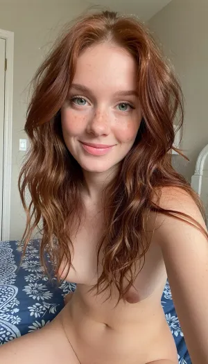 iphone photo. one woman in photo.

adorable 20-year-old ginger with long, wavy, messy hair, freckles, huge green eyes, smiling, full body

Bedroom, daytime, amateur photo, nude