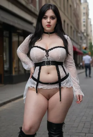 score_9, score_8_up, score_7_up, masterpiece, UHD, 16k, high res, high detailed, 1girl, (chubby:1.2), long black hair, cute face, big black eyes, pale skin, black eyeliner, black lipstik, perfect lips, lace red chocker, long white dress in gothic style with shorts sleeves, average breasts, shaggy tits, (tits visible:1.2), perced nipples, large bubble ass, pubic hair, (pussy visible:1.4), ((legs spread)), masturbating, wide lace belt, black high boots, walking in the city on foot, slutty sexy pose, horny, exited, day, summer
