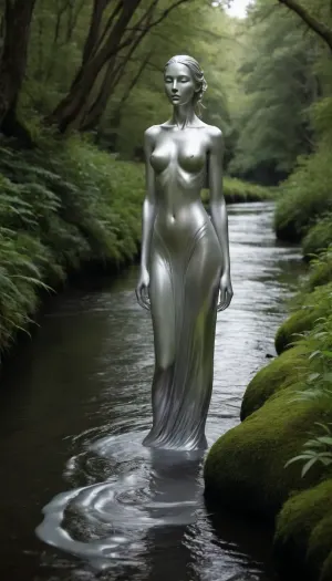 A serene river spirit, with a liquid silver form, meandering through a lush landscape.