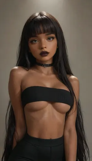 score_9, score_8_up, score_7_up, score_6_up, 1girl, (dark skin:2), goth makeup, black lipstick, ((very long black hair, fringe)), body and face piercing, choker, black tube top, black pantyhose, ((very big tits)), (((big boobs))), underboobs, detailxl, igbaddie, 4ng3l, face, <lora:MJ52:.8>, <lora:attractive_notrigger:.8>, <lora:igbaddie-XL:1.3>, <lora:SDXL_BetterFaces-LoRA_v1:.8>, <lora:nwsj_xl_v2:.8>