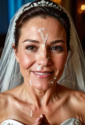 happy 50-year-old woman wearing wedding dress with cum on her forehead, facial, <lora:Facials:1>