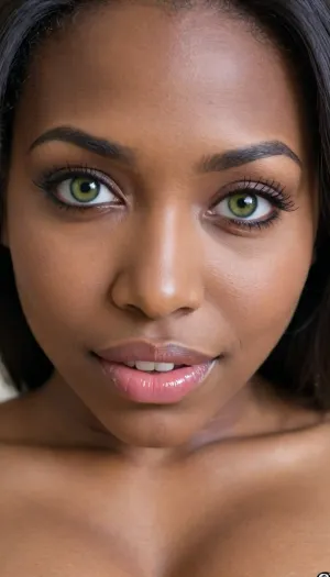 35 YEAR OLD AFRICAN AMERICAN BIMBO SLUT, IN FRONT OF VIEWER, VERY EXTREMELY EXTREMELY CLOSE UP, FACE & BREASTS DIRECTLY IN VIEWERS FACE, FACE TO FACE, DIRECTLY IN FRONT OF VIEWER, LARGE BIG BOOBS, VERY CLOSE UP, BENDING FORWARD, BLACK FACE, VERY BLACK SKIN, GOOD LIGHTING, LONG NATURAL BLACK HAIR, BIG GREEN EYES, BIG BIMBO LIPS, SMILING, SLUT, PERFECT FACE, LUSTFUL APPEARANCE