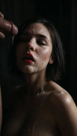Sideview, (Cum details), realistic cum, Prominent cum, (white cum:1.7), cum on, (Cum flows:1.6), (cum on body:1.6), cum on hair, (cum on face:1.8), bukkake, ((Clothes and body covered with semen)), white gorgeous woman, (big breasts:1.2), (milf:.7), excessive cum on clothes, red lipstick, short black bobcut hair, mouth closed, eyes closed, moaning, black room, black background, men, cum, on, face, Face covered in cum, cum dripping from penis, (A lot of cum:1.5), <lora:JustCum:2>, <lora:cum_in_eye_deepmind:2>, <lora:Midjourney Image Enhancer XL v1:2>, <lora:dark:.3>