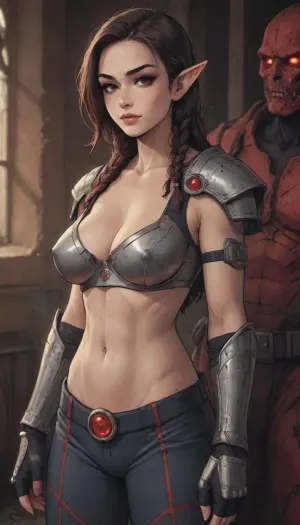 (Melkor mancin meets markgavatino style), reiq style, masterpiece, (science-fiction), female elf warrior, 35 years old, (pointy elf ears:1.2), slender and muscular body, deep black braided hair, battle-ready armor, natural beauty, dynamic, portrait view, (red details on armor:1.4), looking sideways off camera, (diadem), big breasts with stiff nipples, Khaba_Babes, (Jean, Giraud), lineart, line, art, flat, colors, color, Moebius, (Jean, Giraud), Style, page, <lora:lineartSDXL:1>, <lora:EldritchComicsXL1.2:1>, <lora:mk_Bp Anime_xl:.2>, <lora:Moebius (Jean Giraud) Style:1>, (StarCraft\), <lora:Dream mecha girl-sdxl:.8>