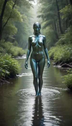 A serene river spirit, with a liquid silver form, meandering through a lush landscape.