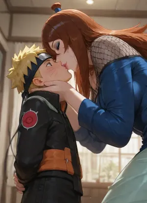 masterpiece, high detailed, (Glossy liner anime style), clear and light frame, (1 woman, Terumi Mei, long hair, outfits, hourglass figure body, 36 years old, eyeshadow, milf, giant woman), BREAK, (1 boy, Naruto_Uzumaki, yellow hair, coat, headband with Konoha emblem, short and small boy), (mother and son, taboo relationship), woman holding back of boy's head, (height difference, giant woman and small boy), side view, below view, deep field shot, hetero, woman bend forward to kissing the boy, waist, bend over, mouth to mouth, wet kiss