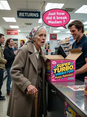 A cinematic, high-detail digital illustration with a touch of satirical concept art. A short, frail elderly woman in a dowdy, oversized brown wool coat and a floral headscarf, clutching a wooden walking stick, stands frozen in shock. She is at a bright, sterile supermarket Returns kiosk., (Sign says “RETURNS”), On the counter sits an open gaudy, neon-colored cardboard box with bold, loud comic-style typography reading "SUPER TURBO VIBRATOR, Pussy Pulveriser 2000". Serving her is a smug, tousle-haired male employee with a malicious, evil grin and narrowed eyes. The mood is awkward and cringeworthy. Lighting is harsh overhead fluorescent supermarket lighting, creating clinical highlights and deep shadows. Color palette consists of sterile white and grey backgrounds contrasted with the jarring, vivid neon pinks and yellows of the product packaging. Intricate facial expressions, sheer horror and embarrassment on the grandmother, sadistic glee on the man. Other shoppers around are laughing.
Big speech bubble “Just how did it break Madam ? “