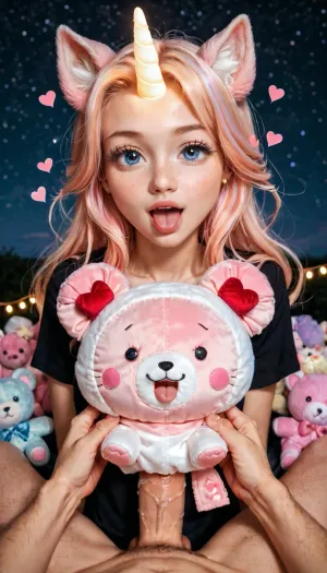 (Adult female, 24 years old, adult pornstar, acting in a porno scene, adult woman:1.62), large eyes, aegyo sal, yume kawaii, round face, small face, wide mouth, blue eyes, tongue on penis, pov hands, guided penetration, background yume kawaii bedroom, pastel pink and lavender, fluffy clouds, stars, moons, hearts, unicorn plushies, cute stuffed animals, fairy lights, dreamy decorations, sparkles, soft glowing pastel light, magical dreamy atmosphere, kawaii aesthetic, highly detailed