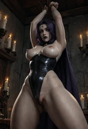 super realistic photo, raw photo, photorealistic, 8k, masterpiece, ultra detailed, intricate skin details, cutesexyrobutts, reiq, melkor mancín, (raven:1.2), (pale gray skin:1.63), realistic anatomy, super detailed skin texture, arms above head, arms bound to beam, (arched back:1.3), arms stretching high, kneeling, (thighs spread wide:1.1), (thick thighs:1.3), (worried:1.7), leaning back, pelvis forward, medium breasts, narrow waist, wide hips, slim athletic body, (partially exposing breasts), gray nipples, (tight black long-sleeved leotard:1.3), fingerless gloves, purple wool cloak, gold brooch with ruby inlay, golden belt with ruby inlays, short straight bob haircut, purple hair, center parted, forehead jewel, dark eyeshadow, exotic eyeliner, black lipstick, ((trimmed thick pubic hair)), (huge swollen labia majora:1.5), (labia peeking:1.5), ((visible deep cameltoe, detailed cameltoe)), (surrounded by candles:1.1), soft dim warm candlelight glow, high contrast, minimalist composition, (view from below, low-angle), puffy, nipples, dark, wide, <lora:Raven_XL:.5>, <lora:dark:2>, <lora:LCMTurboMix_Euler_A_fix:.5>, <lora:Nipples XL:.8>