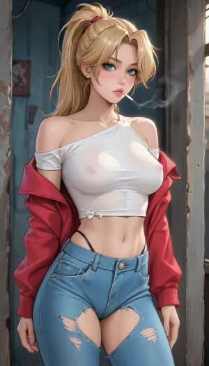 Score_9, score_8_up, score_7_up, reiq meets markgavatino and melkor mancin artstyle. "Julie Winters" from "the maxx". Dressed like a tramp, crop top, shirt ripped into a crop top exposing her stomach, shirt off her shoulder, braless, no bra, nipple bulge, cotton shirt, (denim assless chaps, garter belt holding up chaps, fishnets, thong visible), off shoulder jacket. Long blonde hair in a ponytail. Tiny waist, very wide hips, big ass, medium breasts, sagging breasts, cameltoe. Weathered, rough, messy hair, smoking a cigarette. Hanging out in a dingy alley, dirty.

ratatatat74, <lora:ratatatat74-000050:1.1>, <lora:cartoon_stickers_xl_v1:.8>, <lora:PantyPull-000005:.8>