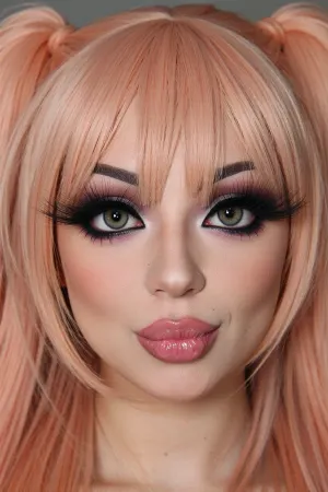 a horny woman with glossy full lips with soft pillowy creases are quirked in a smug smirk, peach-colored hair styled in extremely long adorable twin twintails with cute anime bangs, elaborate drag-queen style makeup with intense kohl eyeshadow and thick winged eyeliner, focused on her huge doe eyes with thick feathery false eyelashes, delicate doll-like facial structure with large oversized eyes a small nose and sharp dainty chin