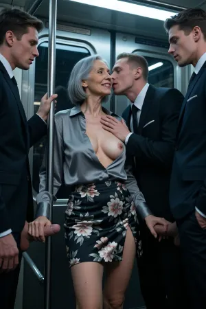 A photorealistic and cinematic illustration, shot with a 35mm lens from a low angle, between the legs to create an impression of imposing dominance. An empty, claustrophobic, and dimly lit subway car at midnight, under harsh, flickering fluorescent light that casts deep shadows and cold reflections., (An elderly woman, 70 years old:1.8), . Her skin is that of a 70-year-old woman. The old woman has gray hair, (small, long, very sagging breasts:1.8), ((highly detailed skin)), . With a bob haircut, she wears an unbuttoned gray silk blouse that reveals her breasts, (visible), and a floral miniskirt slit at the side, pressed against the cold, metal-framed glass doors. Her small, sagging breasts have large areolas. A seductive smile. Three men in their twenties, dressed in dark, elegant suits, form a triangular cage around her. Their genitals are exposed. The man in the center, one hand pressed against the glass near his head, caresses her breast with the other, his face inches from hers, leaning in for a kiss. A hand grips the small of her back, fingers digging into the fabric. A third man's hand slips into the slit of her skirt, caressing her thigh and moving upward, she is not wearing panties. She reaches out to grasp a naked penis in each hand. Her expression is a mixture of breathless anticipation and palpable apprehension. Her lips form a faint smile, her wide-open eyes reflecting the zenithal light. An atmospheric haze, breath visible in the cold air, an electric tension. A palette of sterile blues, deep blacks, and shimmering silver silk. High contrast, hyper-detailed skin textures, dramatic chiaroscuro, film noir aesthetic, 8K resolution, a masterpiece, impeccable sharpness.