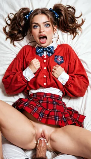 Adult female, 24 years old, adult pornstar, acting in a porno scene, gigantic hughe twintails long, sleeves sheet, loose bow tie, plaid skirt, looking at viewer, large eyes, shouting, horny expression, aegyo sal, straight nose, open mouth, hug, leg lock, lying on bed, penis in pussy, cum in pussy, arched back