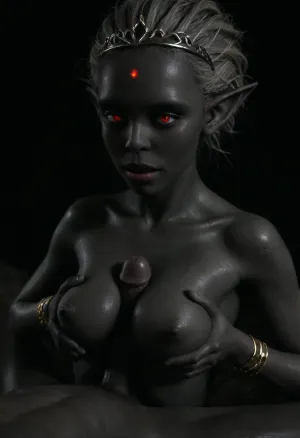 (dark background:1.67), (high contrast:1.4), high detail, seductive, titfucking, dark elf, black skin, toned arms, fit girl, athletic, muscle tone, titfuck, tittyfuck, small tits titfuck, saggy tits titfuck, very puffy nipples, penis between breasts, squeezing her breasts together, squeezing her breasts hard, indulgent expression, confident expression, red eyes, red glowing eyes, shining eyes, small breasts, saggy breasts, puffy nipples, white armpit hair, white hair, mohawk, tiara, gold bracelets, background onsen cavern, darkness, dim candlelight, dark background, young man with slim build fucking her tits, small penis

She has rough, (black-grey skin:3.5), .

She is 190cm tall and has a, (toned arms:2), (muscular build), (vegetable oil:1.3), (tits covered in vegetable oil:1.1), (oiled titties), (oiled tits), (oiled breasts), (dripping:1.4), (small breasts:1.4), (puffy nipples:1.4), (small saggy tits:1.58), (wet tits), (oiled puffy nipples:1.3), .

She has an, indulgent smile, (pointy ears:1.3), orgasm, slight smile, cavern, underground, palace, onsen, <lora:add-detail-xl:1.7>, <lora:titfuck_SDXL:.8>, <lora:dark:.8>