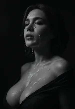 ((black and white photo:1.6)), (monochrome:1.5), ((black background)), Sideview, (Cum details), realistic cum, Prominent cum, (white cum:1.7), cum on, (Cum flows:1.6), (cum on body:1.6), cum on hair, (cum on face:1.8), ((Clothes and body covered with semen)), white gorgeous woman, (big breasts:1.2), (milf), excessive cum on clothes, bleck lipstick, short black bobcut hair, mouth closed, eyes closed, moaning, black room, black background, 2+ men, Face covered in cum, cum dripping from penis, (A lot of cum:1.5), bukkake, liner, shadow, run, off, lsrf, mascara, <lora:dark:.8>, <lora:MS_Real_XL_Bukkake:.6>, <lora:liner shadow run off-GMR:.8>, <lora:detailed_notrigger:.8>