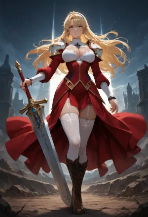 masterpiece, best quality, absurdres, newest, highres, very aesthetic, 1girl, solo, satellizer el bridget, freezing, (series), mature female, adult, long blonde hair, hair between eyes, parted bangs, blue hairband, blue eyes, beautiful detailed eyes, fair skin, large breasts, narrow waist, long legs, hourglass figure, red dress, long dress, gold trim, cleavage cutout, clothing cutout, blue ribbon, no bra, detached sleeves, puffy long sleeves, crowned shoulder armor, genetics emblem, brown boots, knee boots, heeled boots, lace-up boots, white thighhighs, garter straps, holding sword, huge sword, nova blood, standing, full body, looking at viewer, serious expression, outdoors, battlefield, dramatic lighting, rim light, detailed background, intricate details, detailed face, detailed eyes, detailed hands