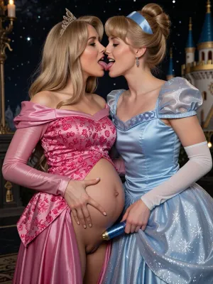 Score_9, score_8_up, score_7_up, High detailed face, A fairytale atmosphere. Two fairy tales Disney princesses pregnant kissing with tongue, princess Aurora, princess cinderella, Sexy dress, big breasts, puffy breasts, pussy visible, fingering pussy, smilling, magic dildo in pussy, in magical castel