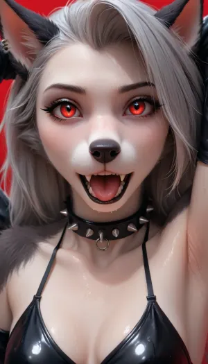 Loona hellhound from helluva boss, anthro female, (颜色, and), horns, (可选), Loona, Hellhound, wet, fangs, collar, black, sleeves, mouth, open, armpit, close, up, hellhound, male, <lora:LoonaRealisticV2:2>, lycra, fur, suit, furry, male/female, [colour], and, bodysuit, paws, ears, (optional), <lora:ZentaiFursuitNoob:.8>