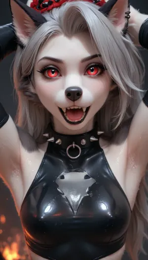 Loona hellhound from helluva boss, anthro female, (颜色, and), horns, (可选), Loona, Hellhound, wet, fangs, collar, black, sleeves, mouth, open, armpit, close, up, hellhound, male, <lora:LoonaRealisticV2:2>, lycra, fur, suit, furry, male/female, [colour], and, bodysuit, paws, ears, (optional), <lora:ZentaiFursuitNoob:.8>
