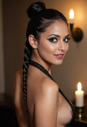 Indian milf 20 year old black haired goth woman side eyeing camera, looking over her shoulder, back to camera, smiling, prominent cupids bow lips, (eyeliner, winged eyeliner, dark eyeshadow), makeup, hair in a high tight braided ponytail, (candlelight), fully naked body