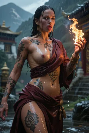 woman, Full body, Sexy Tibetan Nun, huge Lips, Small Cute Nose, dynamic Pose, (fireball in hands:1.3), tattoos with Sacred Symbols covered body, wet toga Tibetan nun style, sharp focus, by pascal blanche rutkowski repin artstation hyperrealism painting concept art of detailed character design matte painting, 4 k resolution blade runner, perfect professional photography Hyperrealistic photo perfect figure, Hyper detailed by Magali Villeneuve, Clint Cearley and Ekaterina Burmak, high definition textures, meticulous details, maximalist, high quality reflections Hyperdetailed Painting By Ismail_Inceoglu Tom Bagshaw Dan Witz CGSociety ZBrush Central Fantasy Art 4K, sidelight, frontlight, blurry rain Tibetan Temple in Mountains on background, cinematic_lighting, nsfw, sweat, wet, rain, neiyi1, dynamic, dramatic