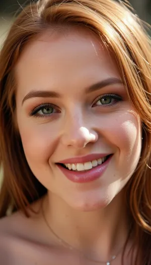 (Close up:.6), (german bbw:1.2), gorgeous bbw face, beaty bbw, no makeup, thick lips, round face, stunning chubby face, ginger hair, sun rays, smile, green eyes