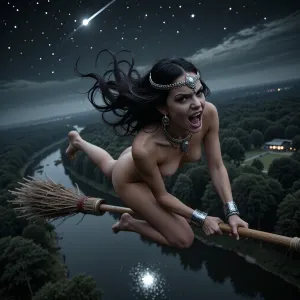 A high-quality, dynamic, full-body night photograph with a cinematic look. A young, naked woman with long, dark hair streaming in the wind—styled in a 1940s/50s retro fashion—soars rapidly through the night sky on a broomstick, high above a forest and river. Her expression is a mix of mischievous fury and joy, her eyes are wide and intense, and her mouth is parted in a fierce snarl, revealing clenched teeth. She wears tribal-style silver jewelry on her head and neck. The aesthetic is dark fantasy, featuring a dark-gray color palette and an H.R. Giger-esque style. Below, the river reflects the stars and the moon. The background is slightly motion-blurred to convey speed. The scene is charged with rapid movement and the glint of distant stars, creating an atmosphere of unease and mystery. Aerial shot, (bird's-eye view), DJI Phantom 4 Pro drone camera.