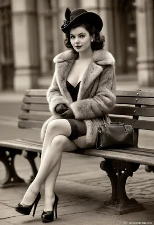 (post-colored black and white photo, vintage exhibitionism, bokeh, rule of thirds:1.7), (view full body including the shoes:1.4), (in 1965:1.4), (18yo stunning sophie, black hair, young, realistic natural face, willing pose:1), (pouty, open mouth, dark eyes:1.2), (sitting, on bench, parc, spreading naked, flashing huge labia:1.4), (firm young tits, small hard nipples, black handbag, heels, stockings, elaborate hat, fur_coat:1.23), (shaved pussy, knees in front:1.6), dresden zwinger, bright sidelight, vintage, FRESHIDEAS, Illustration, 62#, <lora:style_lora_realis:.8>, <lora:vintage-XL:.4>, <lora:FRESHIDEAS 1980s retro fashion shoot:1.3>