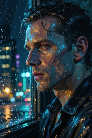 Réflexions néon sous la pluie : un homme la nuit

- Oui.

Image générée par l'IA : Portrait cinématographique en gros plan dans le profil d'un homme par une fenêtre liquéfiée de pluie la nuit, son visage illuminé par des reflets néon-ville – bleu bleu bleu, indigo, ambré-or – réfléchi dans l'impasto acrylique brillant. Chaque coup de pinceau texturé capture la lumière, mélangeant une peau parfaitement réaliste avec des coups audacieux. Les stries de pluie brouillent le verre, tandis que l'éclairage à fort contraste et la composition muséale amplifient l'humeur. La ville pousse au-delà de lui ; ses yeux tiennent le silence de mille histoires. Les couches acryliques brillent comme du verre humide sous le néon.
