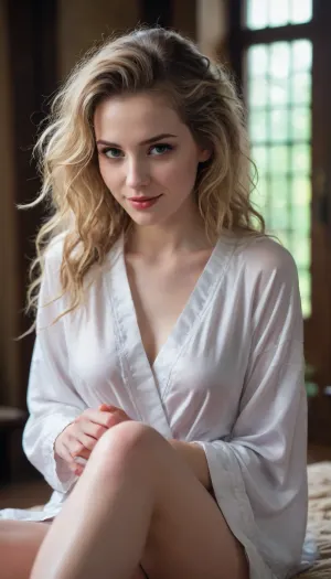 beautiful sexy slender young lady, hot sweaty pale white skin, kind soft, flirty eyes, flirty smirk smile, rough tangled hair, sensual mage robes, licking another girls thigh