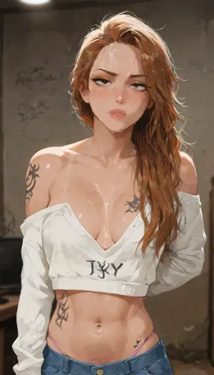 Beautiful extremely 18 year old girl. Black and ginger hair. Long messy hair., (Tattoos, 'Key' on left breast, 'star' on Right shoulder, 'S.U.N.N.Y' inside left forearm, 'Daddy' on Under right biceps, Inside right wrist), Petite. Top model face, freckles, green watering eyes. Heavy eyeliner. Heavy orange eyeshadow. BREAK
Dark mascara trails down her cheeks, smeared makeup, crying., Fully clothed wearing a cropped off the shoulder baggy hoodie, sports bra, midriff, sports thong, daisy dukes jean shorts, visible penis bulge, socks, sneakers, Cum drips down her body. Her face is smothered with an excessive amount of thick, viscous cum, cum on face, Cum on her forehead, her cheeks and in her hair, cum in hair, Deepthroat, a man's hand grasps the girl's head, she has 3/4 of his enormous thick cock in her mouth, . Dark basement of a derelict building, graffiti, crumbling concrete walls, exposed rebar, rusty pipes. Barely illuminated, flickering fluorescent lights. Look, at, my, prompts. Flat, chested. Cinematic pov, carrie3mb, Carrie Emberlyn, <lora:Carrie3mb:2>, perfect anatomy, best quality, 8k, insane details, intricate details, hyperdetailed, hyper quality, ultra detailed, professional, HDR, ray tracing reflection, cinematic lighting, highlydetailedbody, realisticface, highlydetailedhair, perfectfingers, insanelydetailed, 8K.highdetailedskin, highresolution, (j_cartoon:1.5), Drawing, small erect-futa, erect-penis, femboy, testicles, erection, <lora:add-detail-xl:.8>, <lora:samdoesarts1.1-000030:.4>, <lora:J_cartoon:.3>, <lora:Animated_Concept:.4>