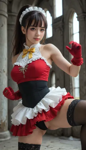 masterpiece, 8k-ultra, indoor, abandoned building, (dim light, dramatic shadow, realistic illumination), solo, Japanese woman, 25 years old, sexy athletic body, beautiful face, kawaii makeup, black eyes, round eyes, black hair, blunt bangs, high ponytail haircut, white ruffle headdress, well-shaped full breasts, ((black leotard, high neck, lace decorated, sleeveless)), yellow bow tie, (white ballet tutu skirt, micro-mini), red dress gloves, black thigh high stockings, defiant smile, standing, fighting stance, one leg rised high, legs spread apart, looking at viewer, 4ng3l, face, <lora:SDXL_BetterFaces-LoRA_v1:.8>, <lora:RMSDXL_Photo:.8>