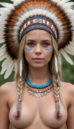 3/4 view portrait of a young naked woman with blonde hair. She is wearing a large headdress made of feathers, fur, and beads, resembling a Native American war bonnet. The headdress features white feathers with dark tips, brown fur, and a band decorated with orange cylindrical beads and black and white geometric patterns. Two strands of feathers and fur hang down from the sides of the headdress, tied with braided leather.

She has blue face paint on her cheeks, with two horizontal blue lines above her cheekbones and a smaller blue smudge below her eye. She is wearing a bright blue t-shirt with white lettering on the front, partially visible as "B...". Her expression is neutral, looking to her right with a slight upward tilt of her head. She has a small nose ring. Her posture is upright, facing mostly towards the right side of the frame. The background is a plain dark grey.